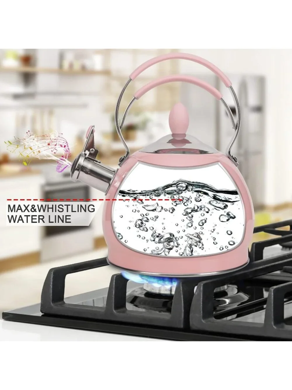 Pink Whistling Stainless Steel Kitchen Tea Kettles 2.6 Quart Stovetop Induction
